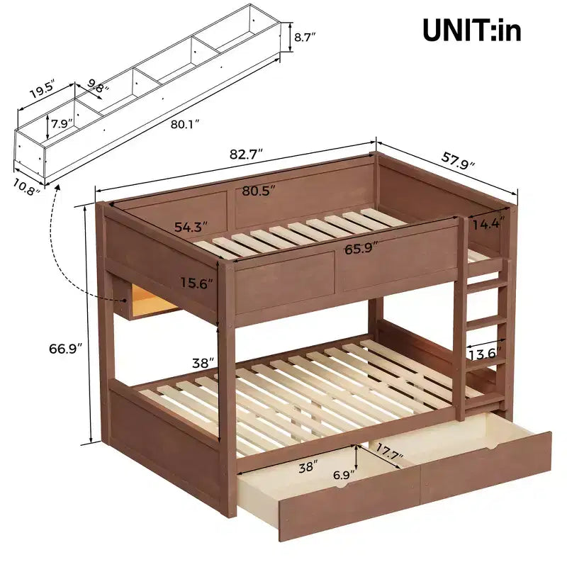 Full XL over Full XL Bunk Bed with 2 Drawers, Wood Full XL Bunk Bedframe with Storage Cabinets and LED for Bedroom