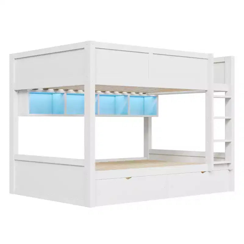 Full XL over Full XL Bunk Bed with 2 Drawers, Wood Full XL Bunk Bedframe with Storage Cabinets and LED for Bedroom