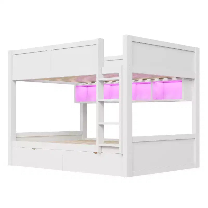 Full XL over Full XL Bunk Bed with 2 Drawers, Wood Full XL Bunk Bedframe with Storage Cabinets and LED for Bedroom
