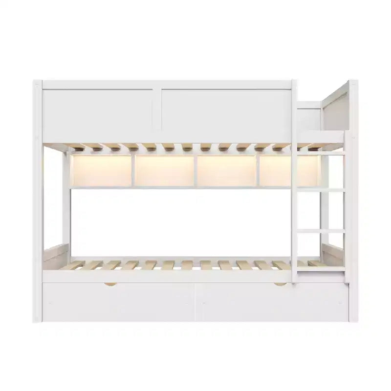 Full XL over Full XL Bunk Bed with 2 Drawers, Wood Full XL Bunk Bedframe with Storage Cabinets and LED for Bedroom