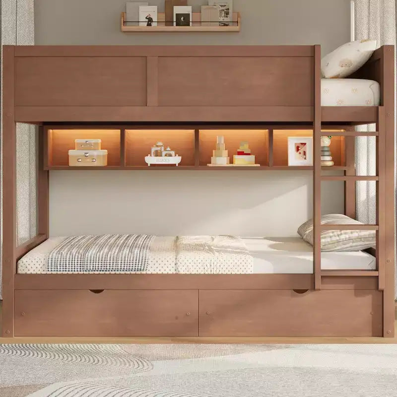 Full XL over Full XL Bunk Bed with 2 Drawers, Wood Full XL Bunk Bedframe with Storage Cabinets and LED for Bedroom