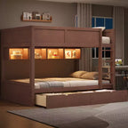 Full XL over Full XL Bunk Bed with 2 Drawers, Wood Full XL Bunk Bedframe with Storage Cabinets and LED for Bedroom