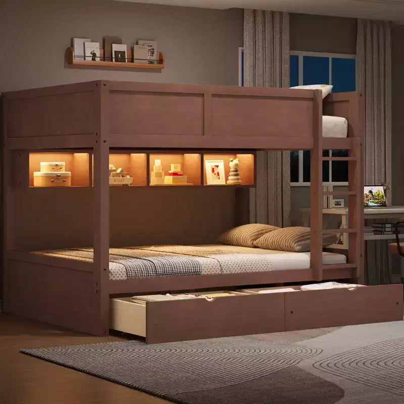 Full XL over Full XL Bunk Bed with 2 Drawers, Wood Full XL Bunk Bedframe with Storage Cabinets and LED for Bedroom