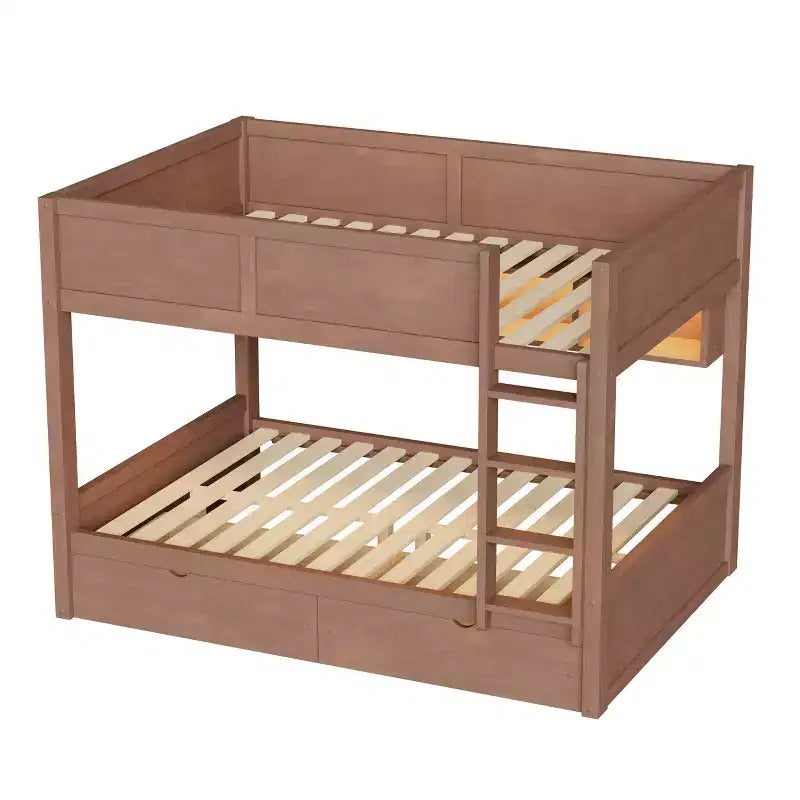 Full XL over Full XL Bunk Bed with 2 Drawers, Wood Full XL Bunk Bedframe with Storage Cabinets and LED for Bedroom