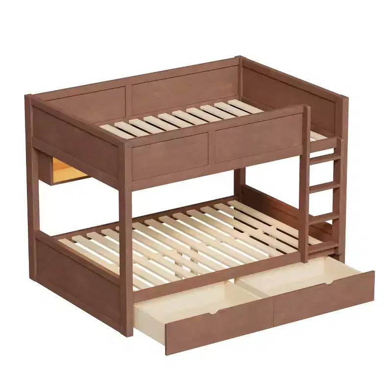 Full XL over Full XL Bunk Bed with 2 Drawers, Wood Full XL Bunk Bedframe with Storage Cabinets and LED for Bedroom