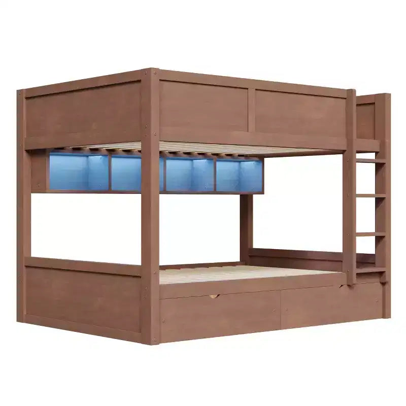 Full XL over Full XL Bunk Bed with 2 Drawers, Wood Full XL Bunk Bedframe with Storage Cabinets and LED for Bedroom