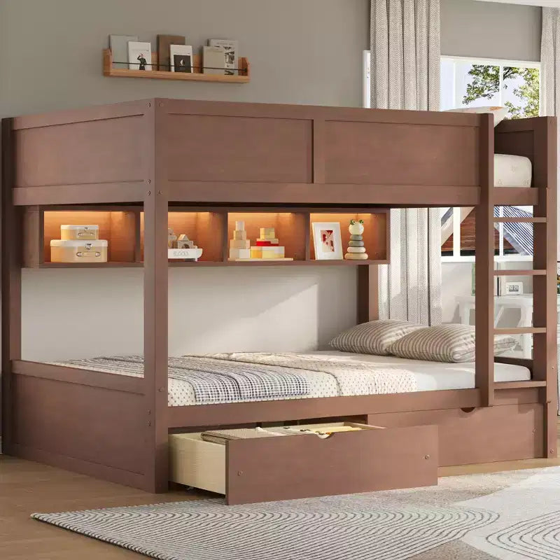 Full XL over Full XL Bunk Bed with 2 Drawers, Wood Full XL Bunk Bedframe with Storage Cabinets and LED for Bedroom