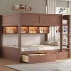 Full XL over Full XL Bunk Bed with 2 Drawers, Wood Full XL Bunk Bedframe with Storage Cabinets and LED for Bedroom