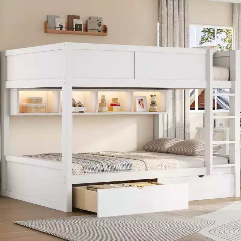 Full XL over Full XL Bunk Bed with 2 Drawers, Wood Full XL Bunk Bedframe with Storage Cabinets and LED for Bedroom