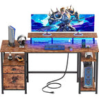 61 Inch Rustic Brown Computer Desk with Charging Station Reversible Gaming Desk LED Lights File Cabinet Monitor Stand Storage Shelves Home Office