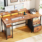 61 Inch Rustic Brown Computer Desk with Charging Station Reversible Gaming Desk LED Lights File Cabinet Monitor Stand Storage Shelves Home Office