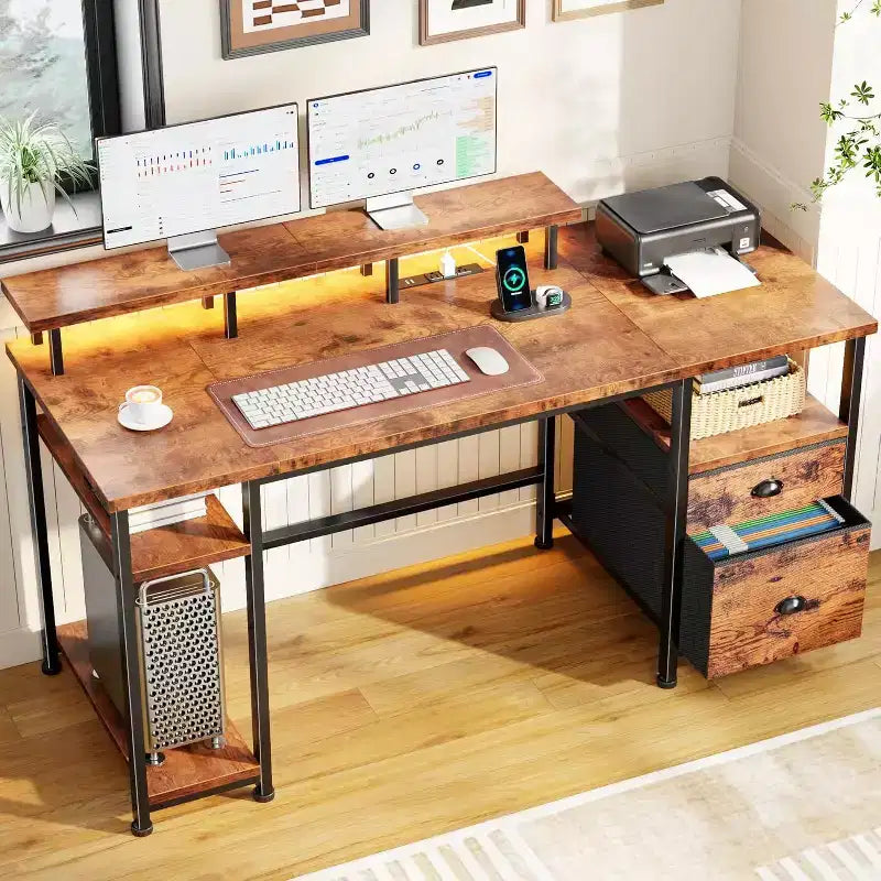 61 Inch Rustic Brown Computer Desk with Charging Station Reversible Gaming Desk LED Lights File Cabinet Monitor Stand Storage Shelves Home Office