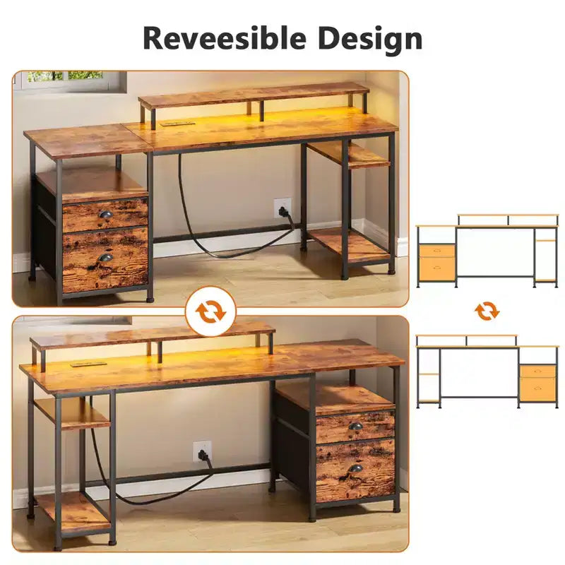 61 Inch Rustic Brown Computer Desk with Charging Station Reversible Gaming Desk LED Lights File Cabinet Monitor Stand Storage Shelves Home Office