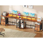 61 Inch Rustic Brown Computer Desk with Charging Station Reversible Gaming Desk LED Lights File Cabinet Monitor Stand Storage Shelves Home Office