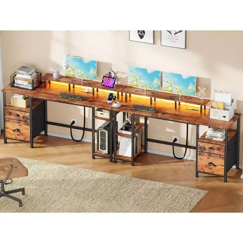 61 Inch Rustic Brown Computer Desk with Charging Station Reversible Gaming Desk LED Lights File Cabinet Monitor Stand Storage Shelves Home Office