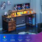61 Inch Rustic Brown Computer Desk with Charging Station Reversible Gaming Desk LED Lights File Cabinet Monitor Stand Storage Shelves Home Office
