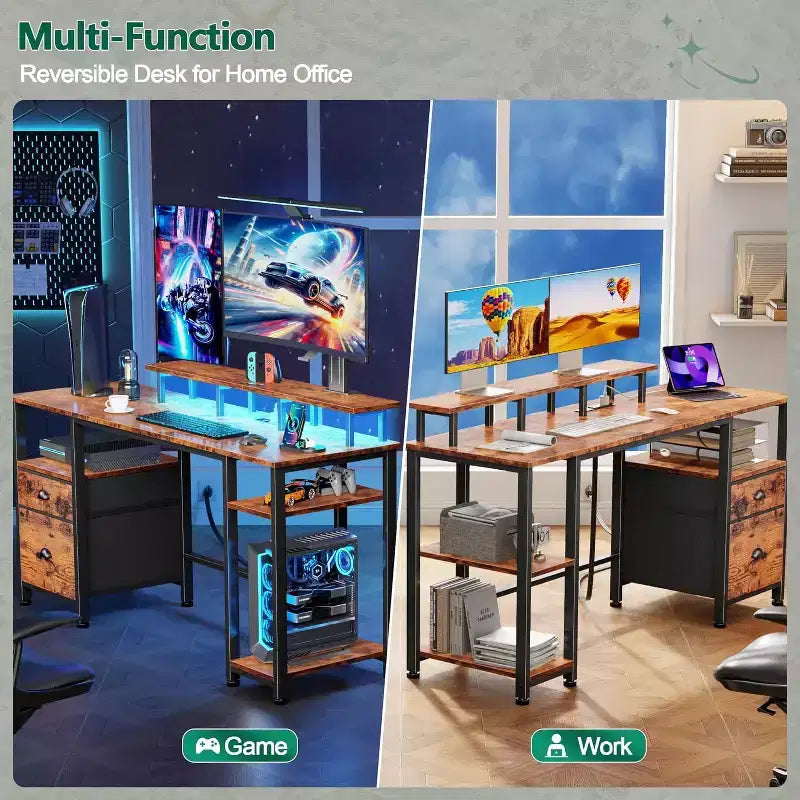 61 Inch Rustic Brown Computer Desk with Charging Station Reversible Gaming Desk LED Lights File Cabinet Monitor Stand Storage Shelves Home Office