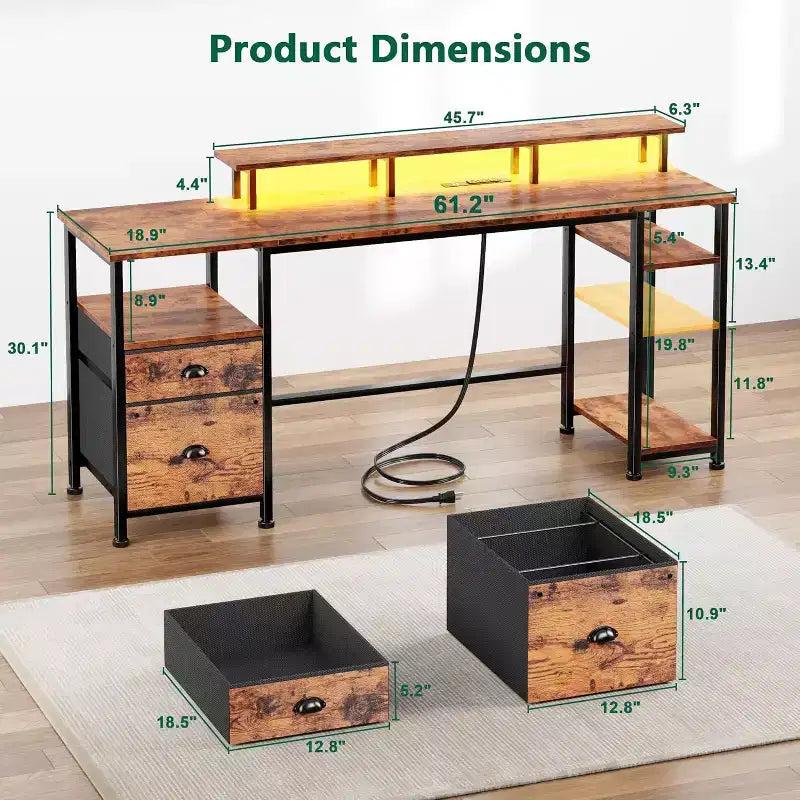 61 Inch Rustic Brown Computer Desk with Charging Station Reversible Gaming Desk LED Lights File Cabinet Monitor Stand Storage Shelves Home Office