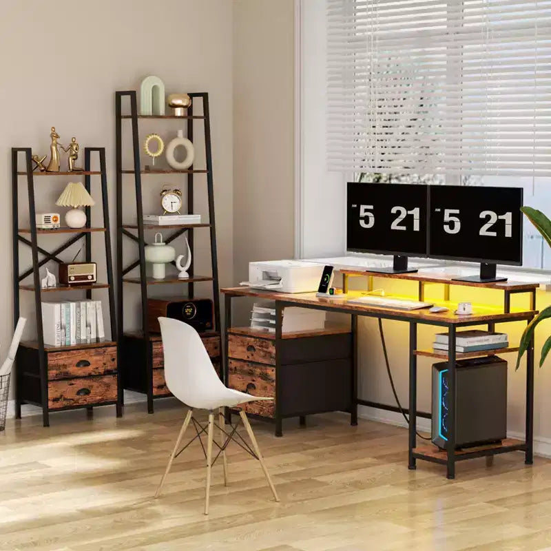 61 Inch Rustic Brown Computer Desk with Charging Station Reversible Gaming Desk LED Lights File Cabinet Monitor Stand Storage Shelves Home Office