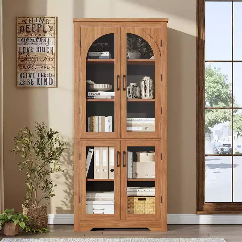 Meuble de rangement haut de 70 po - avec 4 portes en verre arqué et des étagères réglables, pour cuisine, salle à manger, salon, salle de bain
