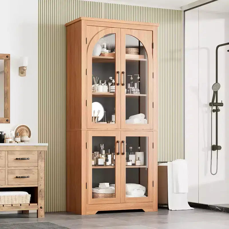 Meuble de rangement haut de 70 po - avec 4 portes en verre arqué et des étagères réglables, pour cuisine, salle à manger, salon, salle de bain
