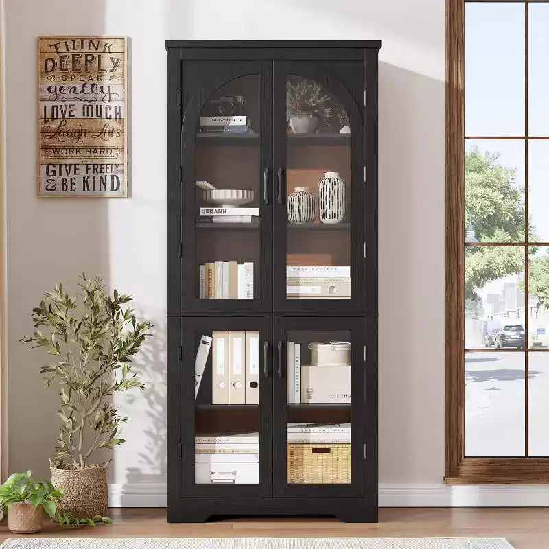 Meuble de rangement haut de 70 po - avec 4 portes en verre arqué et des étagères réglables, pour cuisine, salle à manger, salon, salle de bain