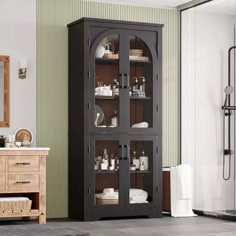 Meuble de rangement haut de 70 po - avec 4 portes en verre arqué et des étagères réglables, pour cuisine, salle à manger, salon, salle de bain