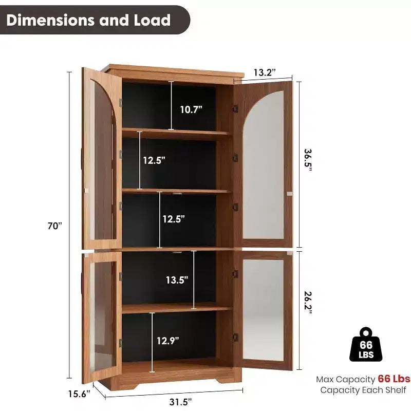 Meuble de rangement haut de 70 po - avec 4 portes en verre arqué et des étagères réglables, pour cuisine, salle à manger, salon, salle de bain