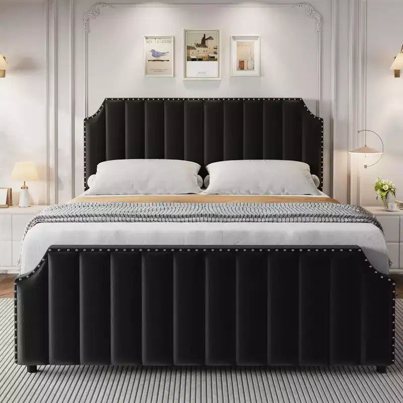KING Upholstered Platform Bed Frame  KING Size, Wooden Slats Support, No Box Spring Needed  Headboard & Footboard, Black