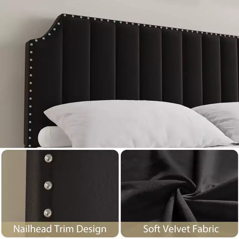 KING Upholstered Platform Bed Frame  KING Size, Wooden Slats Support, No Box Spring Needed  Headboard & Footboard, Black