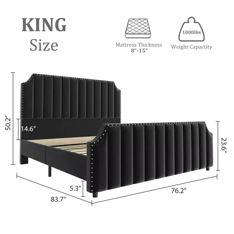 KING Upholstered Platform Bed Frame  KING Size, Wooden Slats Support, No Box Spring Needed  Headboard & Footboard, Black