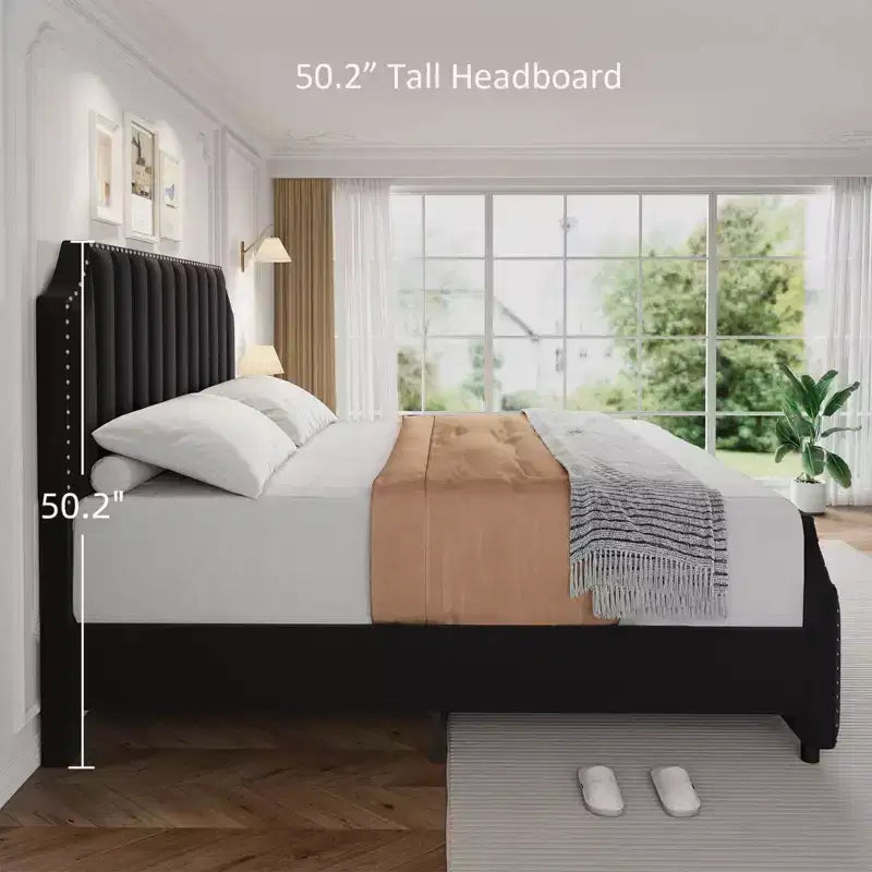 KING Upholstered Platform Bed Frame  KING Size, Wooden Slats Support, No Box Spring Needed  Headboard & Footboard, Black