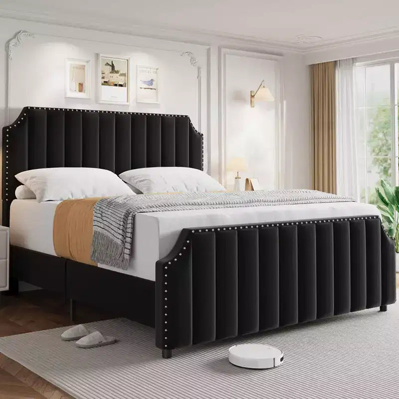 KING Upholstered Platform Bed Frame  KING Size, Wooden Slats Support, No Box Spring Needed  Headboard & Footboard, Black
