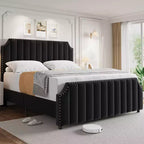 KING Upholstered Platform Bed Frame  KING Size, Wooden Slats Support, No Box Spring Needed  Headboard & Footboard, Black