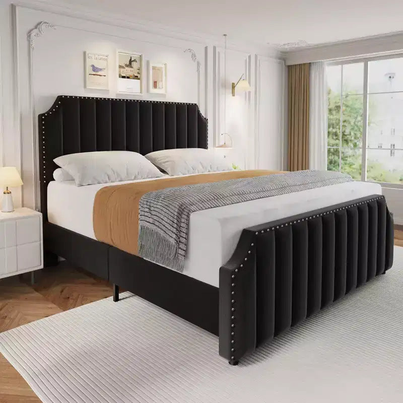 KING Upholstered Platform Bed Frame  KING Size, Wooden Slats Support, No Box Spring Needed  Headboard & Footboard, Black