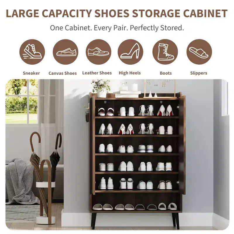 Shoe Cabinet, Shoe Storage Cabinet  6-Tier Large Organizer with Doors & Hooks, 2-Pack Brown Entryway Storage for Hallway, Living Room