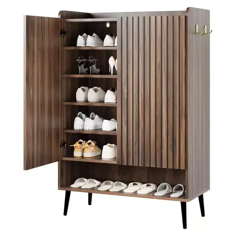 Shoe Cabinet, Shoe Storage Cabinet  6-Tier Large Organizer with Doors & Hooks, 2-Pack Brown Entryway Storage for Hallway, Living Room