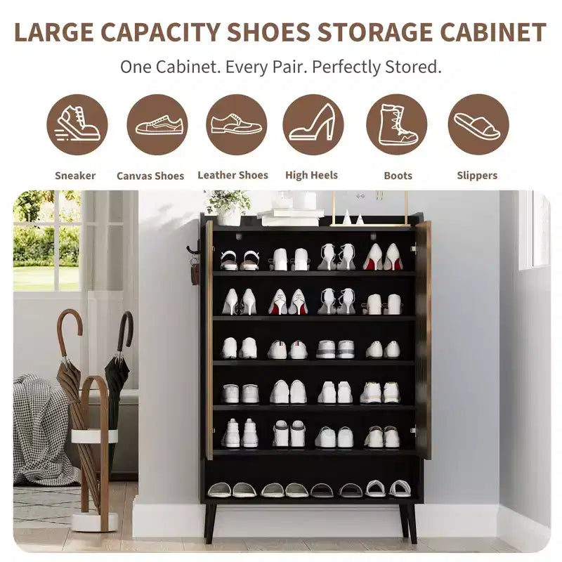 Shoe Cabinet, Shoe Storage Cabinet  6-Tier Large Organizer with Doors & Hooks, 2-Pack Brown Entryway Storage for Hallway, Living Room