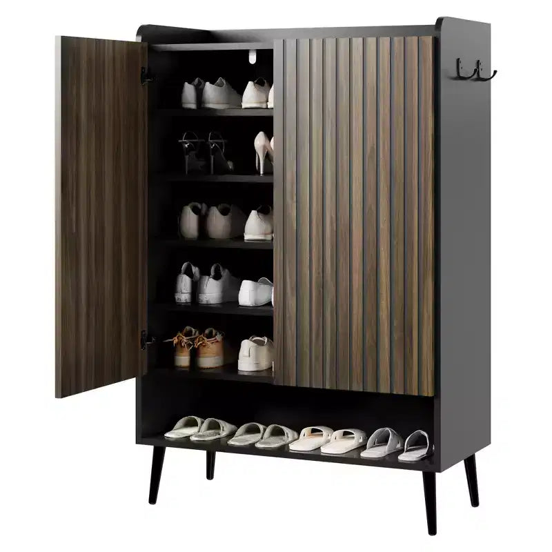 Shoe Cabinet, Shoe Storage Cabinet  6-Tier Large Organizer with Doors & Hooks, 2-Pack Brown Entryway Storage for Hallway, Living Room