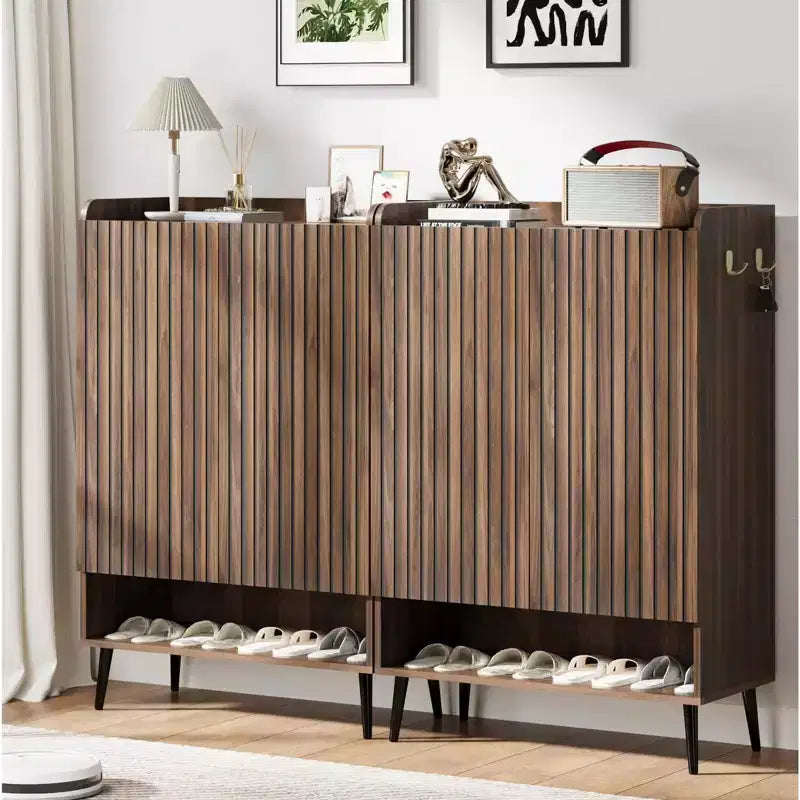 Shoe Cabinet, Shoe Storage Cabinet  6-Tier Large Organizer with Doors & Hooks, 2-Pack Brown Entryway Storage for Hallway, Living Room