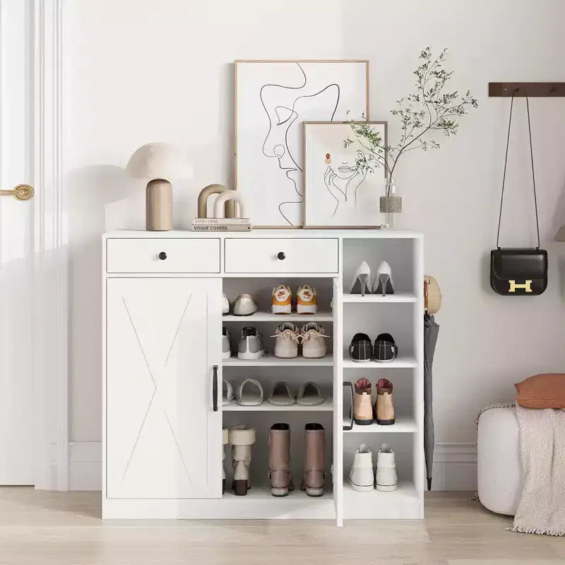 Shoe Storage Cabinet with Modern Farmhouse Design - 6 Adjustable Shelves, 2 Drawers, Freestanding Entryway Cabinet