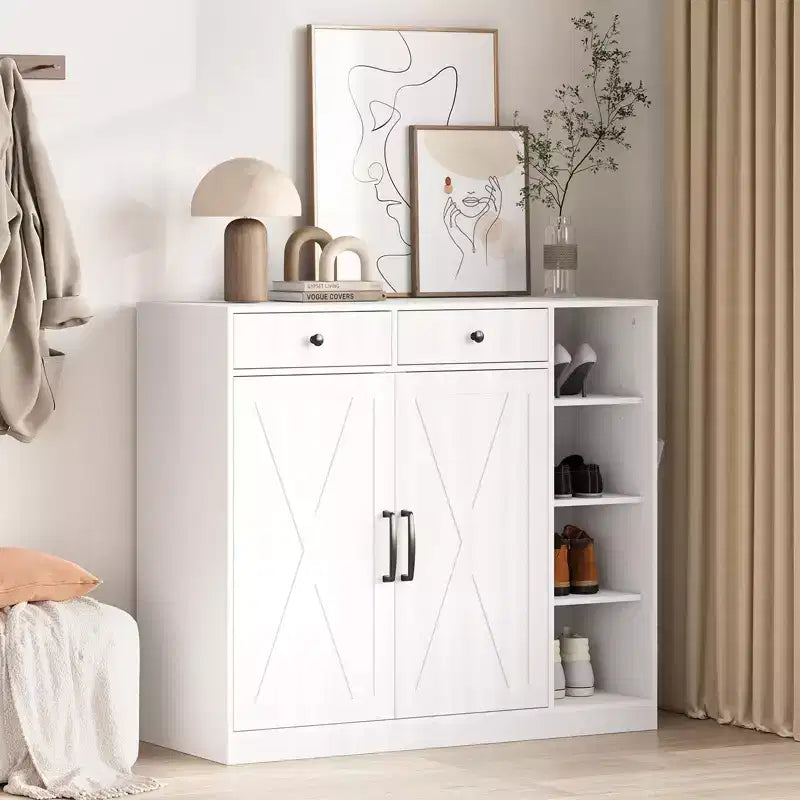 Meuble de rangement pour chaussures au design moderne et rustique - 6 étagères réglables, 2 tiroirs, meuble d'entrée autoportant