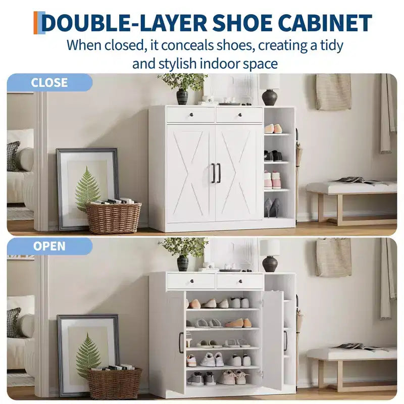 Meuble de rangement pour chaussures au design moderne et rustique - 6 étagères réglables, 2 tiroirs, meuble d'entrée autoportant