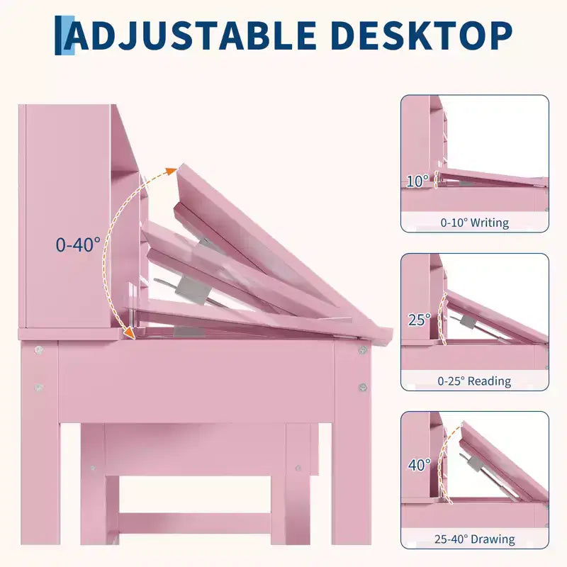 Kids Desk and Chair Set, Wooden Study Table with Adjustable Tilt Desktop, Drawers