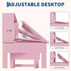 Kids Desk and Chair Set, Wooden Study Table with Adjustable Tilt Desktop, Drawers