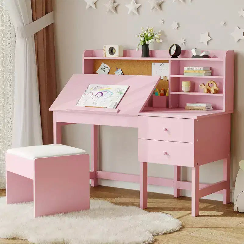 Kids Desk and Chair Set, Wooden Study Table with Adjustable Tilt Desktop, Drawers