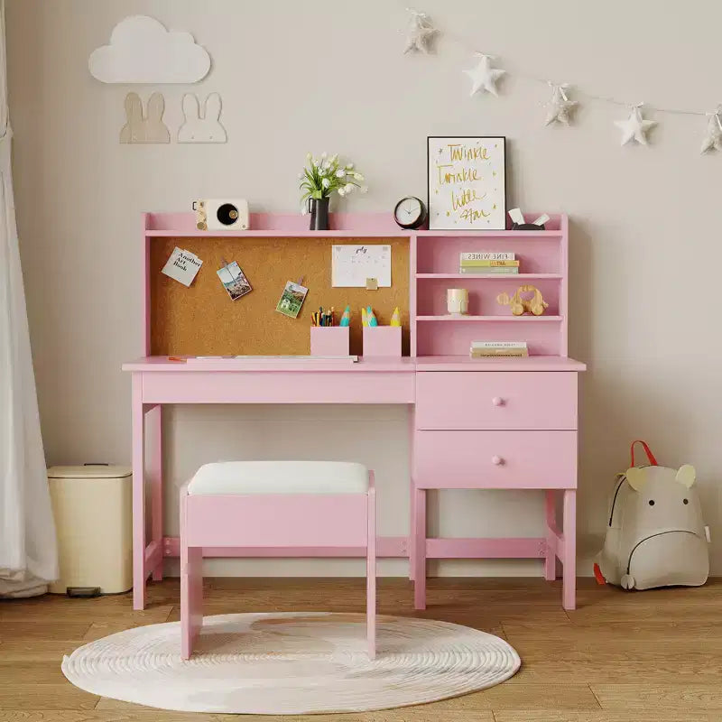 Kids Desk and Chair Set, Wooden Study Table with Adjustable Tilt Desktop, Drawers