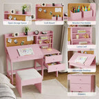 Kids Desk and Chair Set, Wooden Study Table with Adjustable Tilt Desktop, Drawers