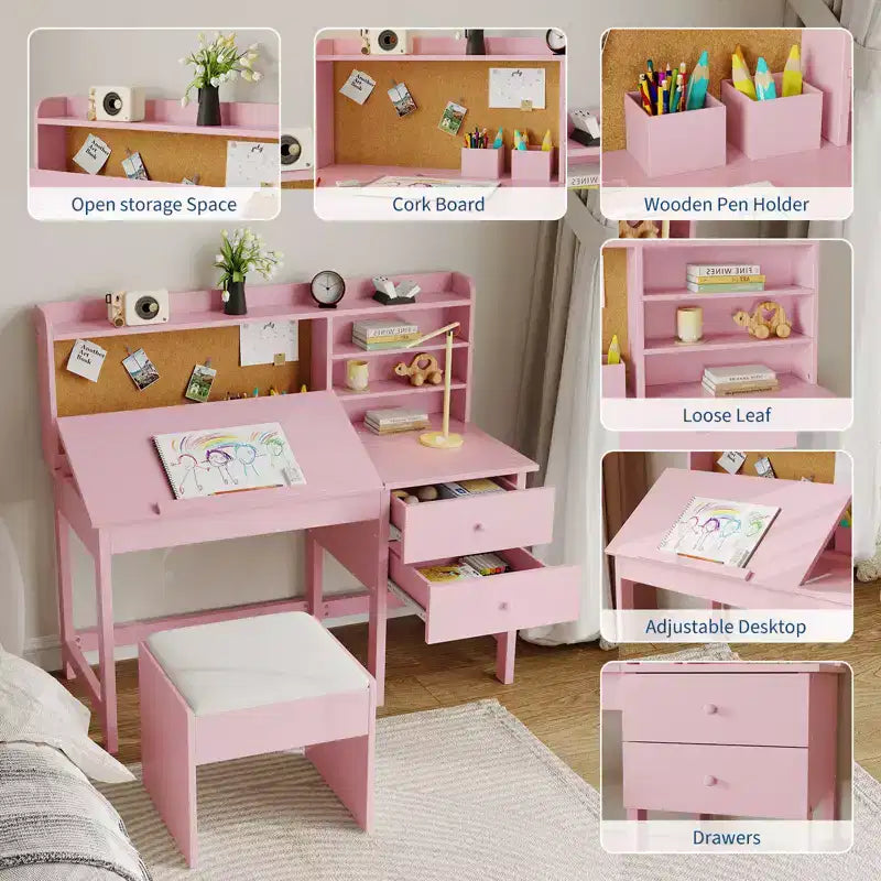 Kids Desk and Chair Set, Wooden Study Table with Adjustable Tilt Desktop, Drawers