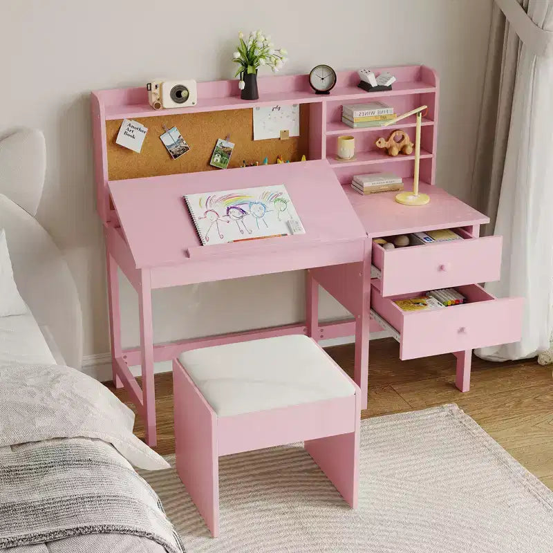 Kids Desk and Chair Set, Wooden Study Table with Adjustable Tilt Desktop, Drawers